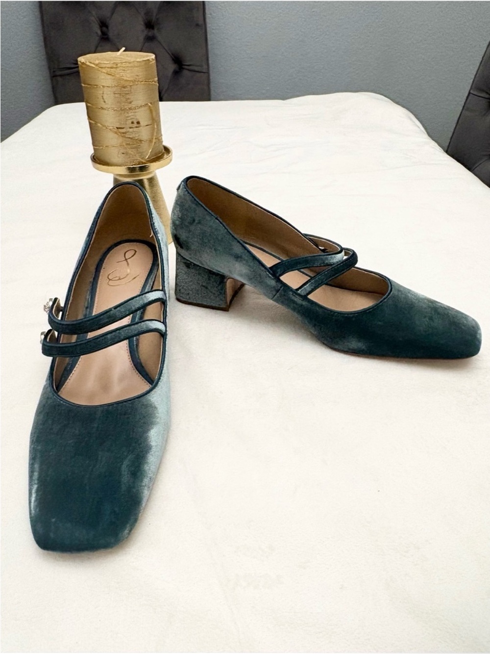 Sam Edelman Tahira Velvet Mary Jane Block Heel Pumps in Teal Size 9.5